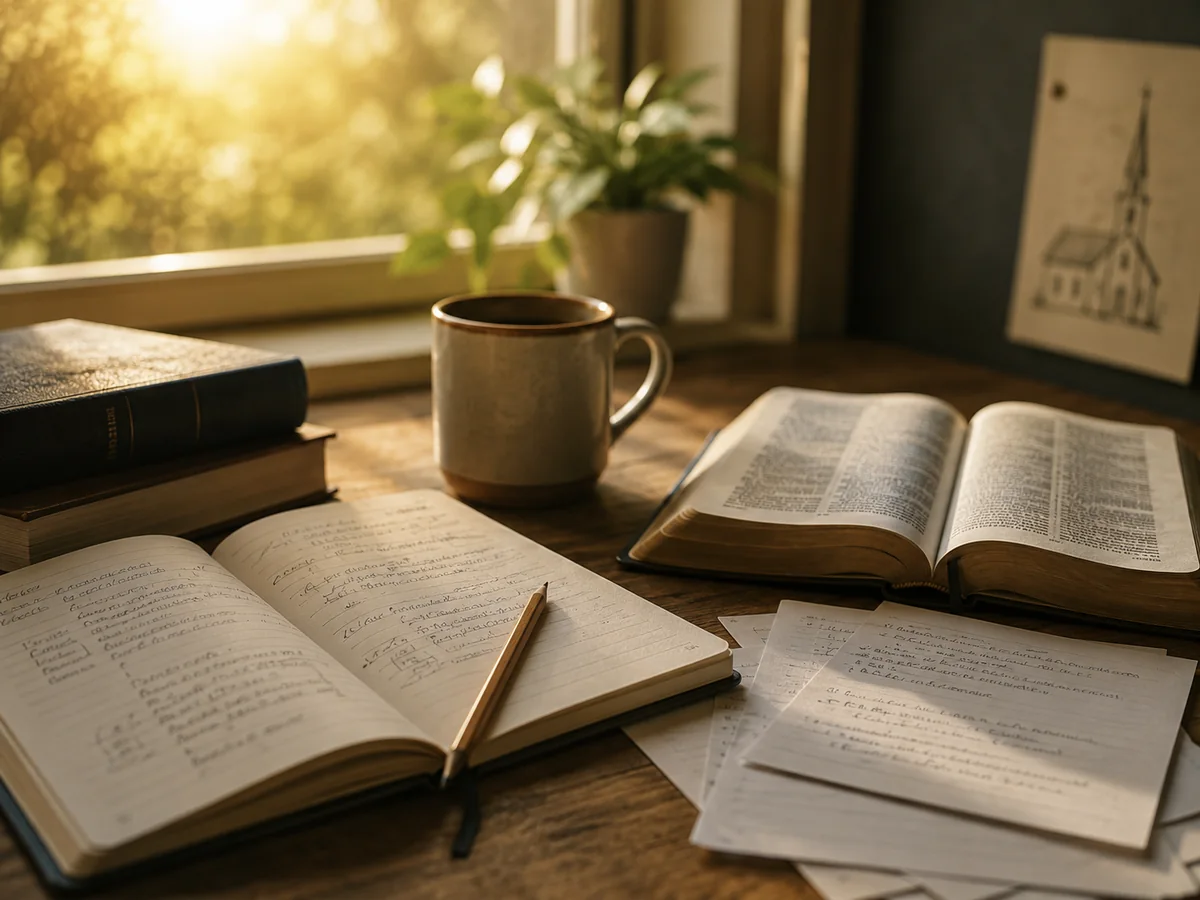 Schreibtisch mit Notizen, Bibel und Kaffeetasse