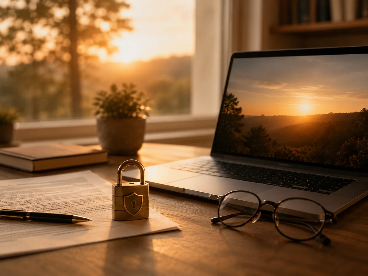Laptop, Schloss und Unterlagen im Abendlicht