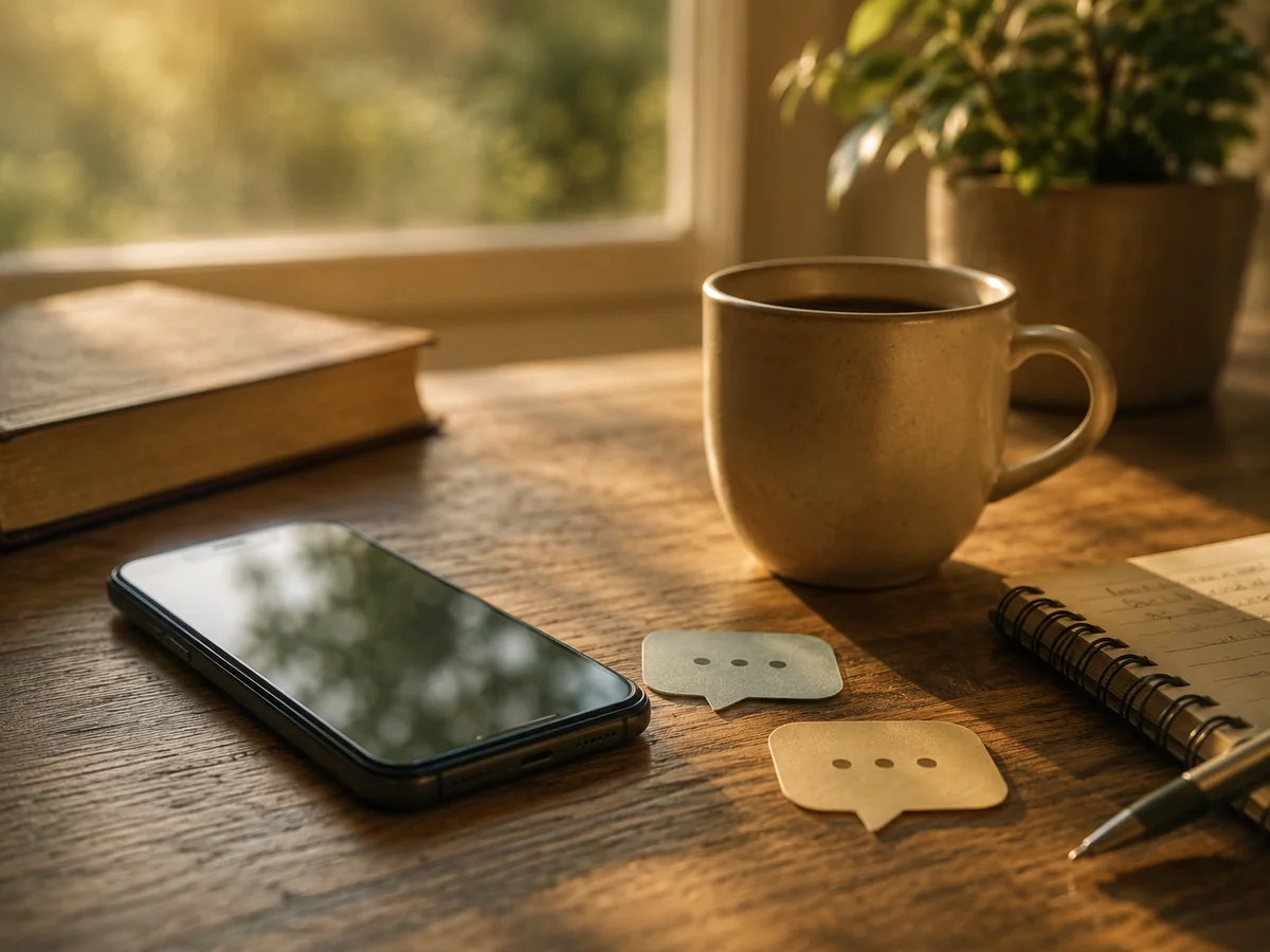 Smartphone, Notizbuch und Gesprächssymbole auf einem Tisch