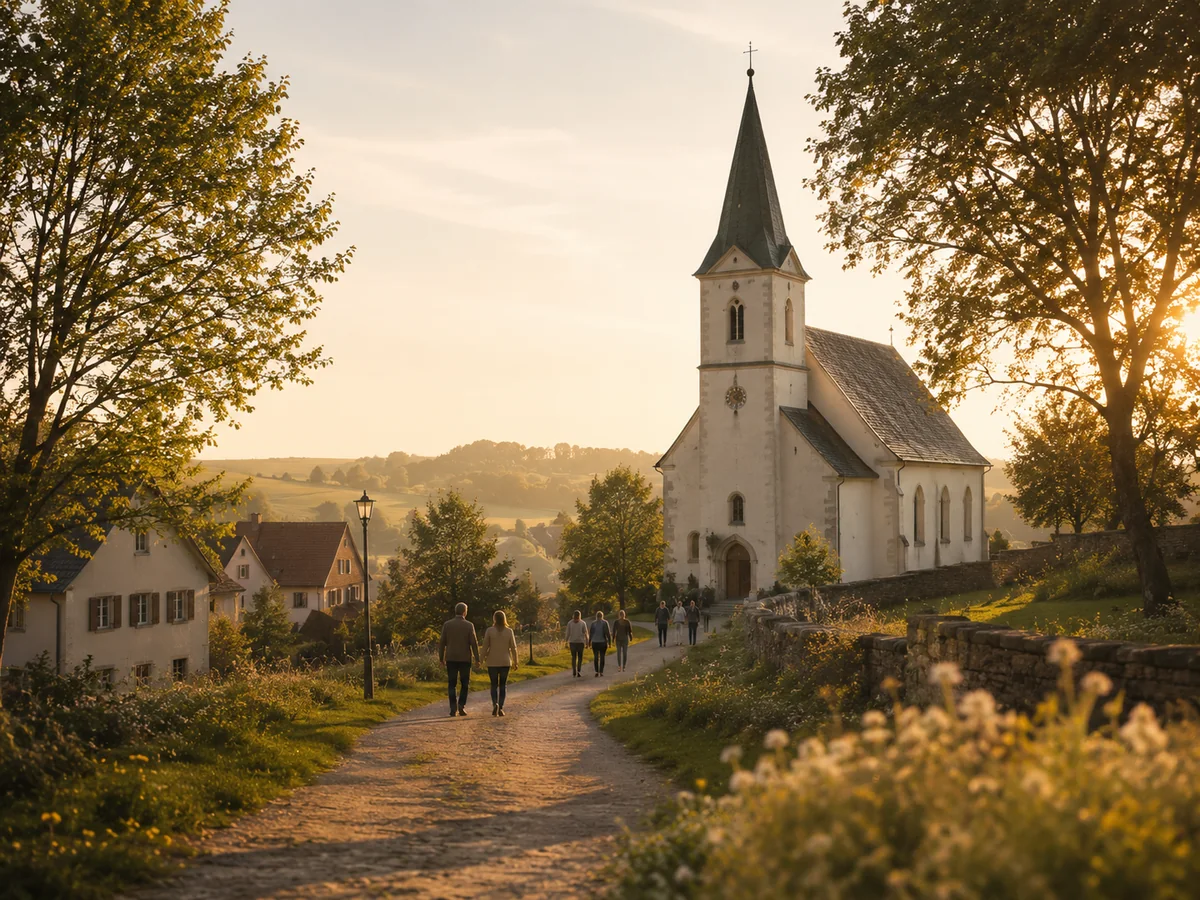 Dorfkirche im goldenen Abendlicht