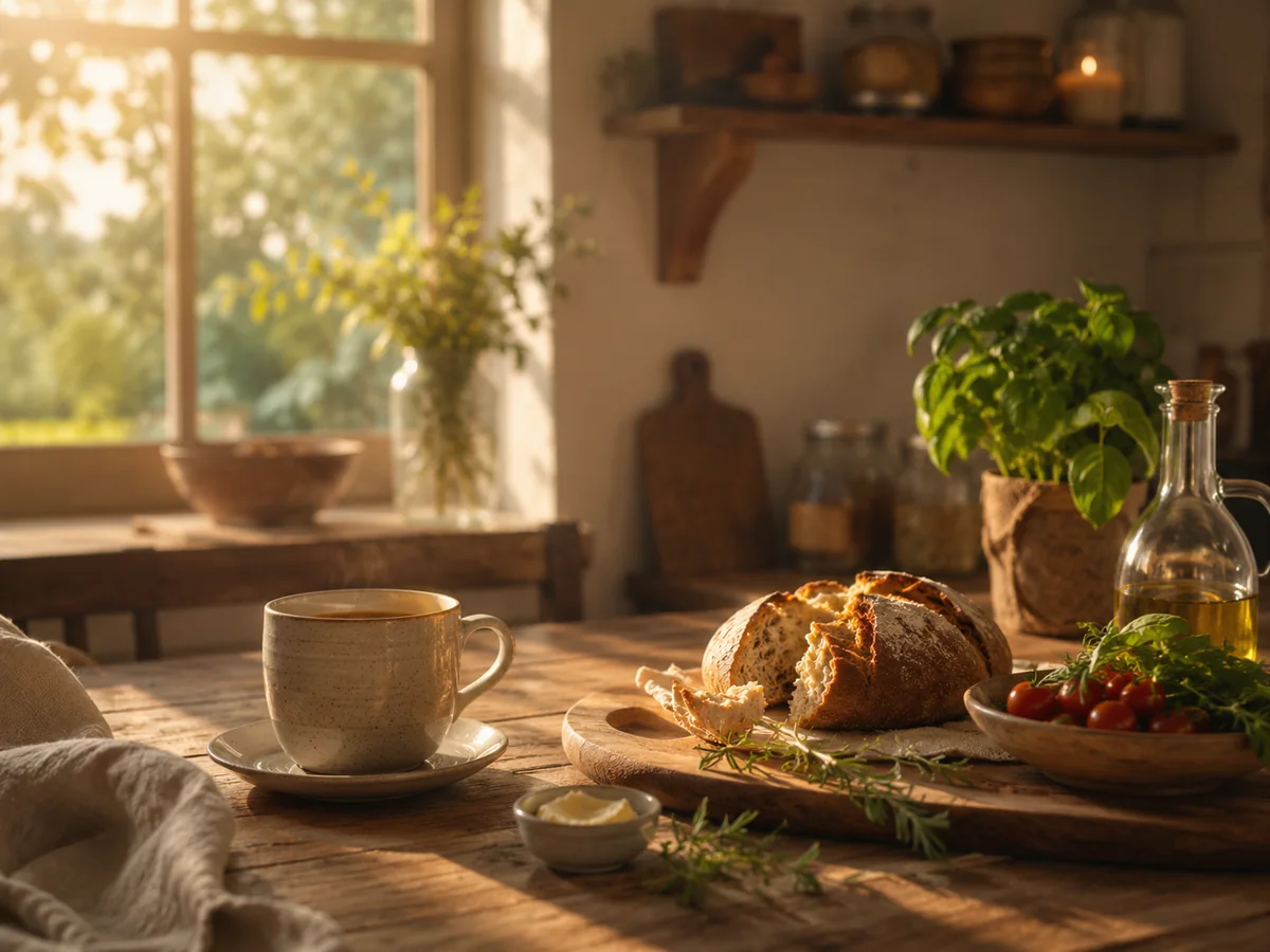 Rustikale Küchenszene mit Brot, Kräutern und Kaffee