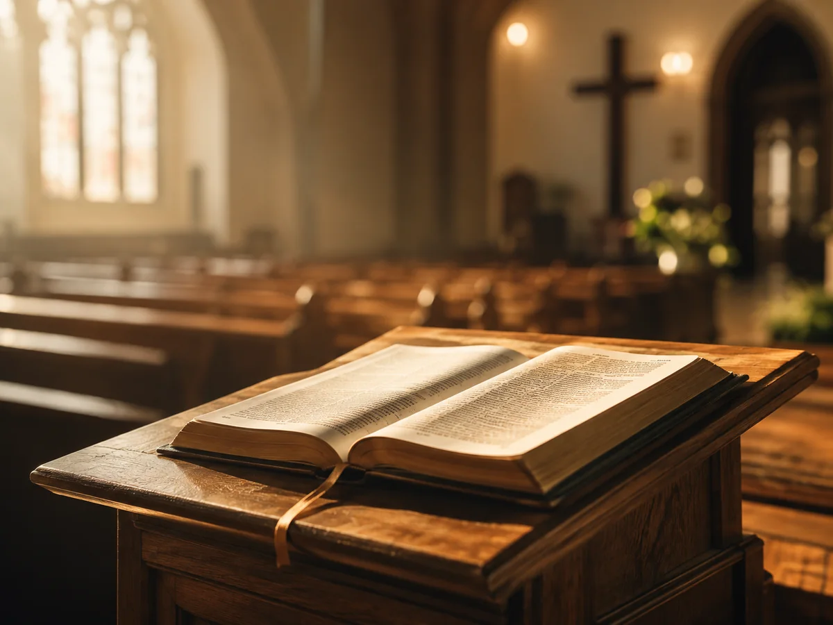 Bibel auf einem hölzernen Lesepult in der Kirche