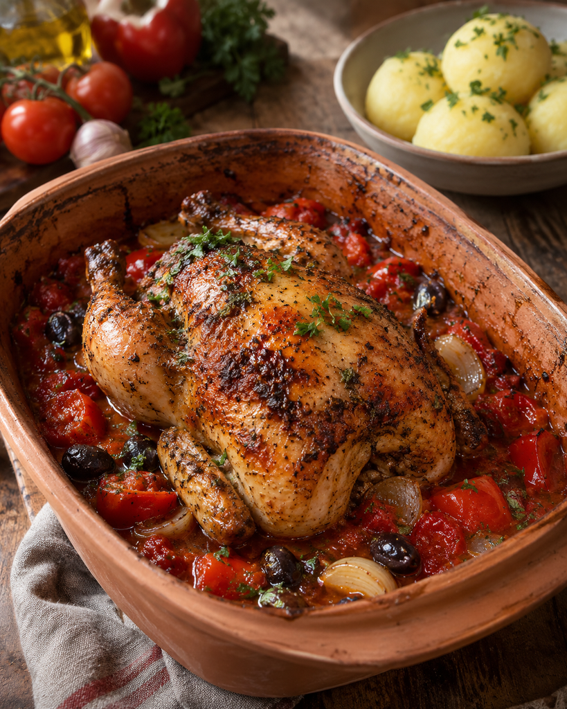 Spanisches Hähnchen mit Tomaten im Römertopf